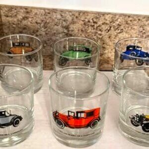Set of 6 vintage low ball glasses featuring early Ford cars
